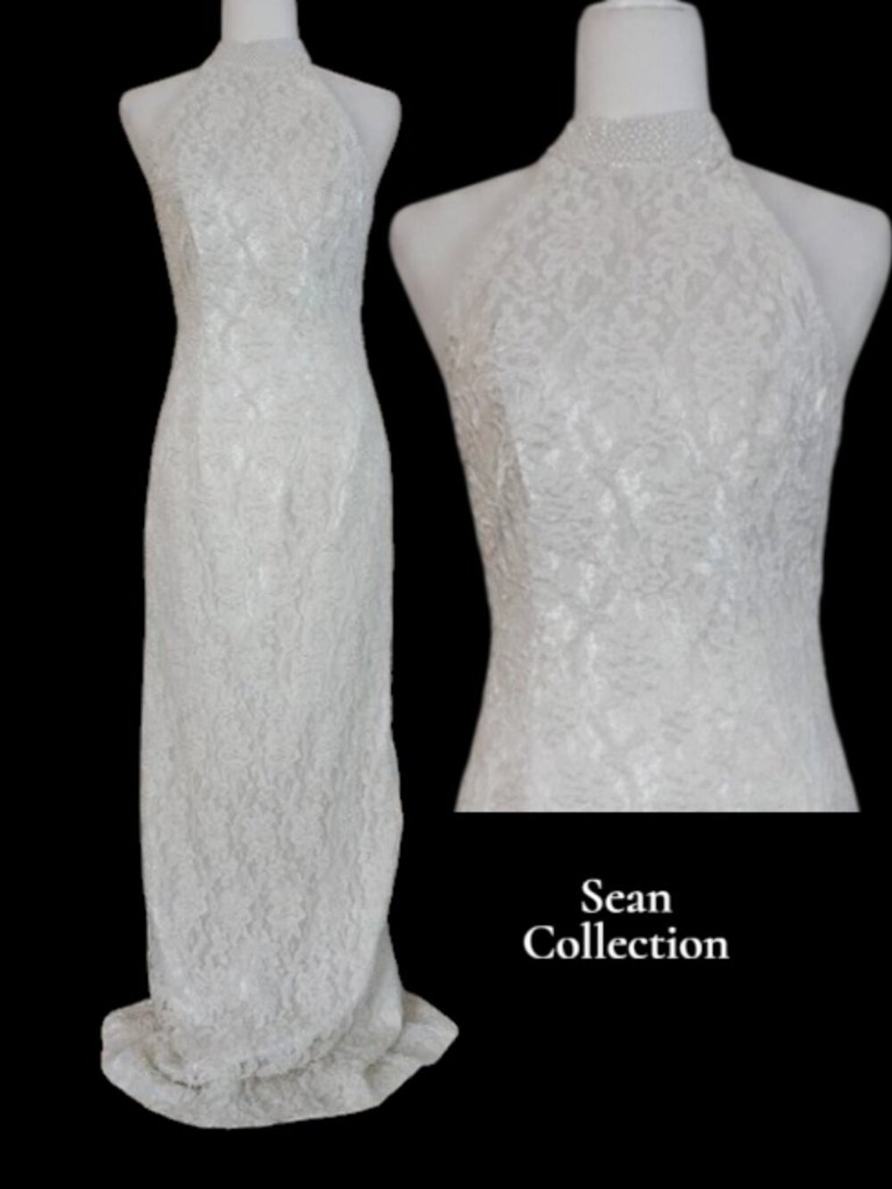 Sean Collection 64" Long White Beaded Lace Halter Wedding Gown 10